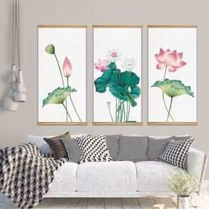 wall26 Hanging Poster with Wood Frames Beautiful Green Plants 18"x36"x3 Panels